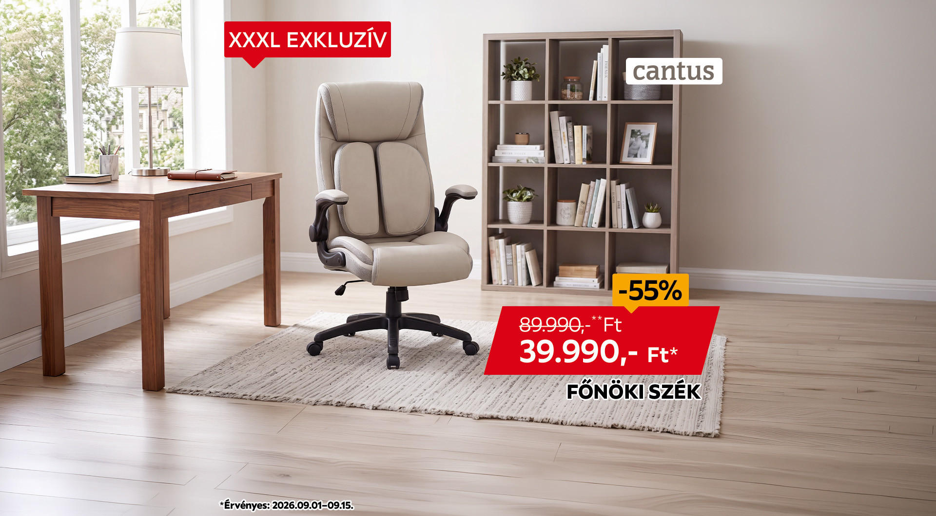 A főnöki szék 2026.09.01-09.15. között 89.990 Ft helyett csak 39.990 Ft/db az áruházakban és online.  